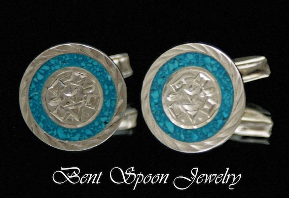 Vintage Sterling Silver Inlay Turquoise Cuff Link… - image 1