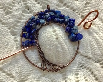 Copper Sodalite Gemstone Tree of Life Shawl Pin, Pendant, Necklace, Scarf Pin, Shrug Pin, Kilt Pin, Shawl Accessory