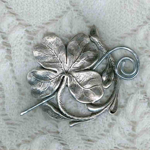 Silver Shamrock Shawl Pin,  Oxidized Silver Shamrock Shawl Pin ...Scarf Pin