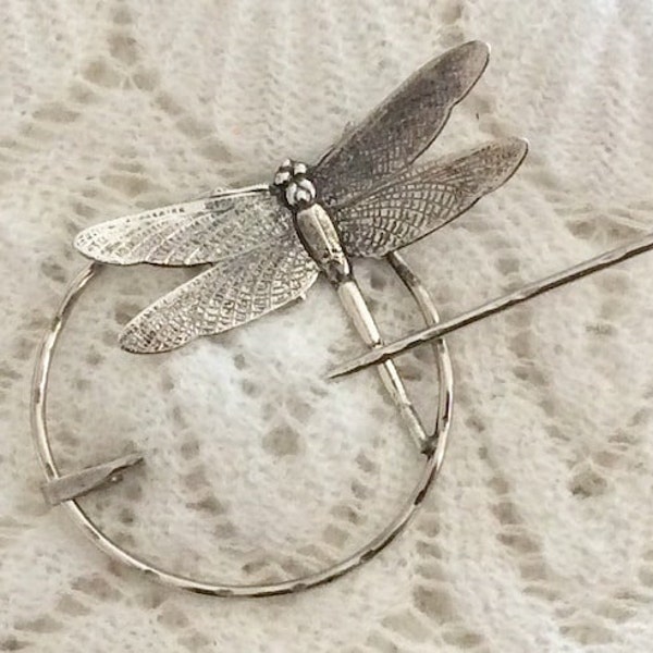 Shawl Pin, Silver Dragonfly Penannular Shawl Pin, Scarf Pin, Shrug Pin, Kilt Pin