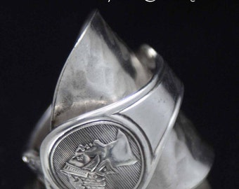 Spoon Ring, Vintage Roman Medallion 1868 Whole Spoon Ring size 10, Spoon Jewelry, Bent Spoon Jewelry