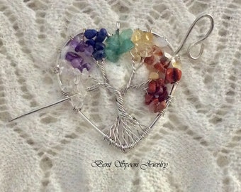 Multi Colored Gemstone Tree of Life Shawl Pin, Pendant, Necklace, Scarf Pin, Shrug Pin, Kilt Pin, Shawl Accessory