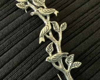 Silver Birds on A Branch Pin, Scarf Pin, Shawl Pin, Shrug Pin, Bent Spoon Jewelry