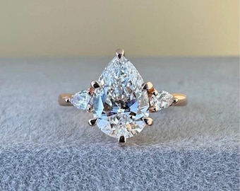 Pear Cut Lab Grown Diamond Engagement Ring: Three Stone Solid Gold, IGI Certified