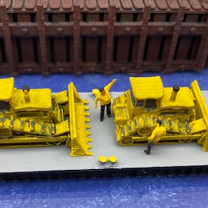 N Scale (1:160) 40&#39; Barge loaded with 2 Bulldozers RTR for your model railroad or diorama. Custom designed & handcrafted