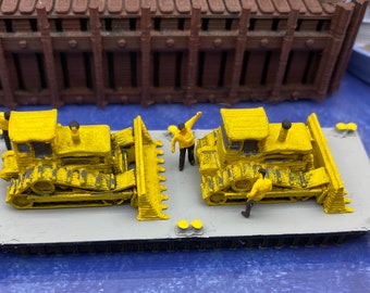 N Scale (1:160) 40' Barge loaded with 2 Bulldozers RTR for your model railroad or diorama. Custom designed & handcrafted