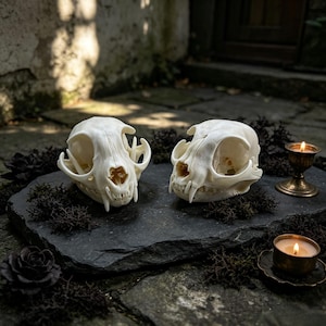 May include: Two off-white cat skulls are displayed on a dark gray stone surface, surrounded by dark moss and black decorative elements. Two small lit candles in brass holders add a warm glow to the scene. The skulls are the focal point.
