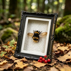 Äkta inramat humleexemplar, vintage entomologikonst, Cottagecore-dekor, kuriosaskåpsunderligheter, Forestcore-rum, present till biälskare