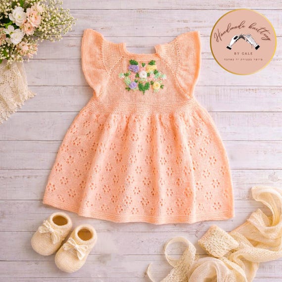 Peach Baby Girl Knitted Dress with Floral Embroidery (69 Months)
