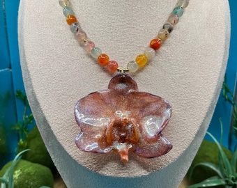 Necklace with Natural Orchid in chameleon peach color