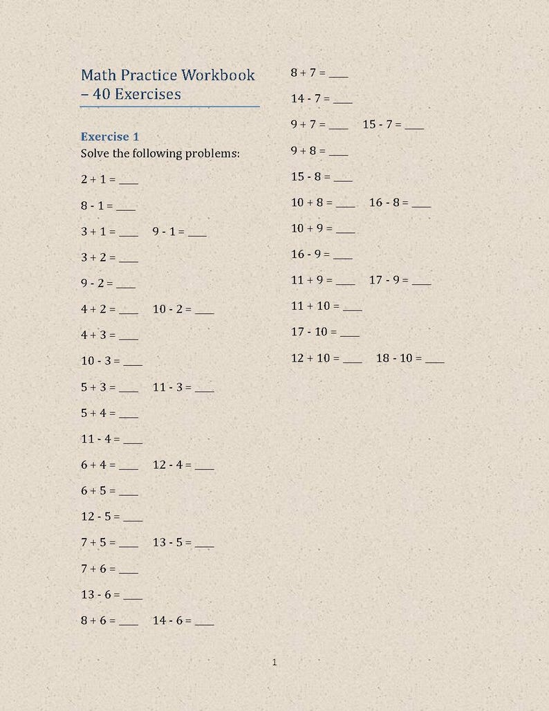 Printable Math Workbook: Addition and Subtraction Practice (PDF ...
