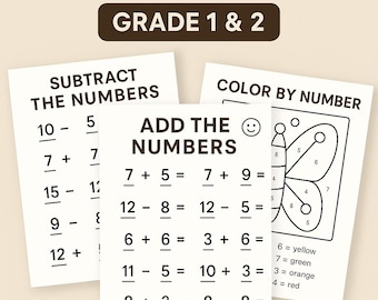 May include: Printable math worksheets for Grade 1 & 2, featuring addition and subtraction problems. Includes "Subtract the Numbers", "Add the Numbers", and "Color by Number" pages. Contains over 40 pages of educational content.