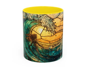 Tazza da caffè con sirena effetto vetrata, regalo per amanti del mare, surfisti e appassionati di vela, tazza da tè/cacao a tema marino, ideale per l'ufficio.