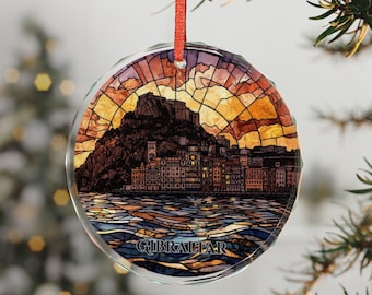 Ornamento in vetro di cristallo a mosaico con tramonto di Gibilterra. Visita il Regno Unito, viaggio, vacanza, regalo, luna di miele in Inghilterra.