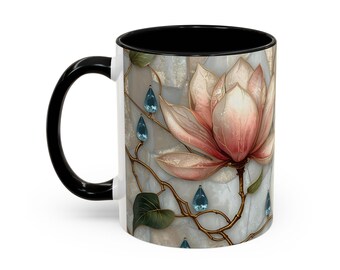 Magnolia Stained Glass Style Mug, Floral Art Coffee Cup 11oz, Botanical Gift for Flower Lover Mom, Cute Garden Ceramic Tea Mug