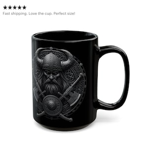 Black Nordic Viking Coffee Mug 15 oz | Norse Mythology Warrior Gift for Him | Odin Thor Lord of Drinks Scandinavian Ceramic Mug