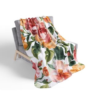 Watercolor Floral Blanket, Pink Yellow Peach Roses Sherpa Throw, Shabby Chic Pastel Bedding, Cute Housewarming Gift, Fluffy Cozy Cover