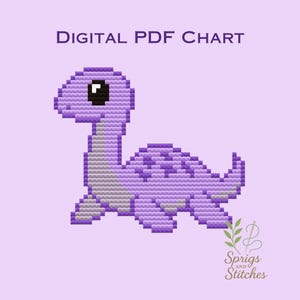 May include: A digital PDF chart featuring a pixelated cross-stitch pattern of a purple and light purple dinosaur. The text "DIGITAL PDF CHART" appears at the top, and the logo "Sprigs and Stitches" is visible in the bottom right corner.