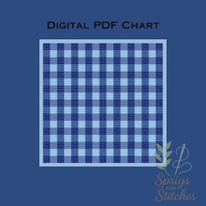 May include: Digital PDF chart with a blue and white checkered pattern. The chart is square and set against a dark blue background. Text at the top reads "DIGITAL PDF CHART". The Sprigs and Stitches logo is in the bottom right corner.