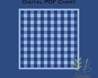 May include: Digital PDF chart with a blue and white checkered pattern. The chart is square and set against a dark blue background. Text at the top reads "DIGITAL PDF CHART". The Sprigs and Stitches logo is in the bottom right corner.