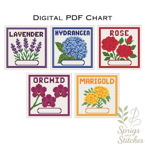 May include: Digital PDF chart featuring cross-stitch patterns of various flowers: lavender, hydrangea, rose, orchid, and marigold. Each design is framed with a colored border and includes the flower's name. The Sprigs and Stitches logo is in the bottom right corner.