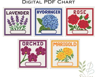 May include: Digital PDF chart featuring cross-stitch patterns of various flowers: lavender, hydrangea, rose, orchid, and marigold. Each design is framed with a colored border and includes the flower's name. The Sprigs and Stitches logo is in the bottom right corner.
