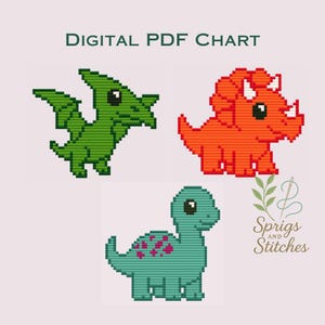 Dino Bundle: Triceratops, Brachiosaurus, Pterodactyl | Needlepoint and Cross Stitch Chart | PDF Digital Download