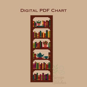 May include: A digital PDF chart featuring a cross-stitch design of five bookshelves. Each shelf is filled with colorful books and decorative items, including plants and a teapot. The text "DIGITAL PDF CHART" is at the top.
