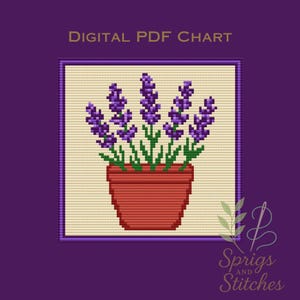 needlepoint and cross stitch digital chart download PDF of Purple lavender spirgs in a terra cotta pot