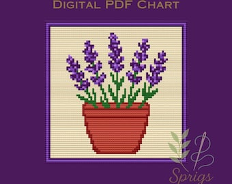 May include: Digital PDF chart featuring a cross-stitch design of lavender in a terracotta pot. The lavender has purple flowers and green stems. The design is set against a cream background with a purple border. Text at the top reads "DIGITAL PDF CHART".