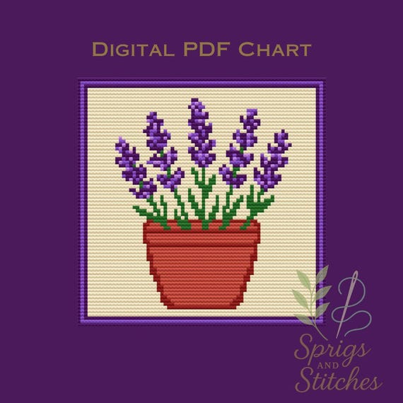 Lavender In A Terra Cotta Pot | Needlepoint and Cross Stitch Chart | PDF Digital Download