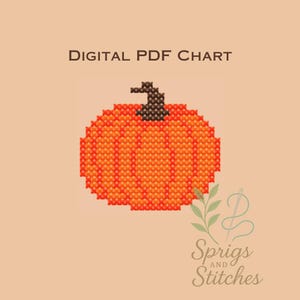 May include: Digital PDF chart featuring a cross-stitch pumpkin in shades of orange with a brown stem. The text "DIGITAL PDF CHART" is at the top, with "Sprigs and Stitches" at the bottom. The background is a light orange color.