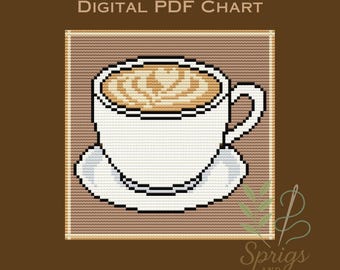 Coffee Cup / Latte Art / Cappuccino | Needlepoint and Cross Stitch Chart | PDF Digital Download