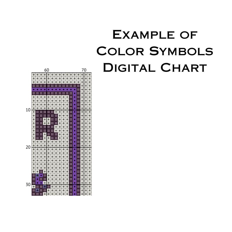 May include: A digital chart example with color symbols. The chart features a grid with a purple design and the text "EXAMPLE OF COLOR SYMBOLS DIGITAL CHART" in black.