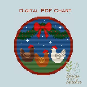 May include: Digital PDF chart featuring a cross-stitch design. The design includes three chickens wearing red hats, set against a blue background with a red bow and green garland. The text "DIGITAL PDF CHART" is at the top.