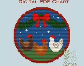 Three French Hens - Day 3 of the 12 Days of Christmas | Needlepoint and Cross Stitch Chart | PDF Digital Download