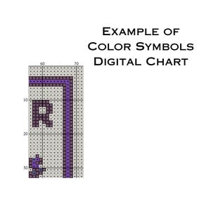 May include: A digital chart example with color symbols. The chart features a grid with a purple design and the text "EXAMPLE OF COLOR SYMBOLS DIGITAL CHART" in black.