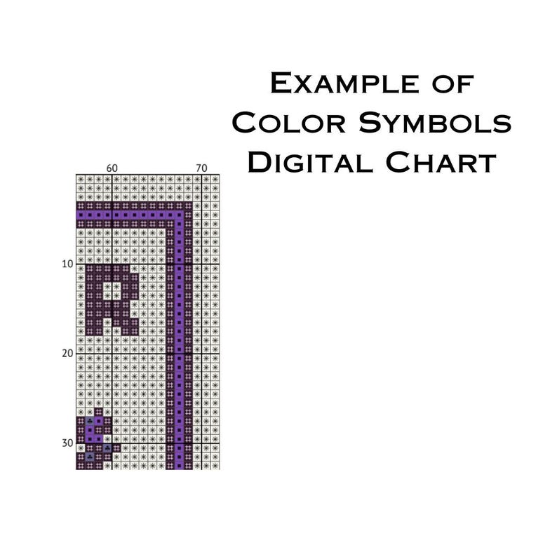 May include: A digital chart example with color symbols. The chart features a grid with a purple design and the text "EXAMPLE OF COLOR SYMBOLS DIGITAL CHART" in black.