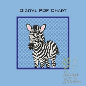 May include: Digital PDF chart with a cross-stitch zebra design. The zebra has black and white stripes, pink ears, and a black mane. It's set against a blue diamond pattern within a blue square. The text reads "DIGITAL PDF CHART".