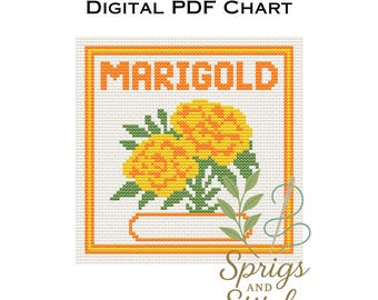 May include: A digital PDF chart featuring a cross-stitch design of marigold flowers. The word "MARIGOLD" is displayed in orange block letters above the flowers. The design includes green leaves and is framed in orange.