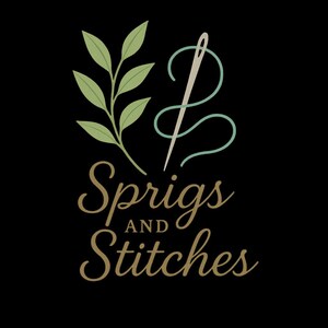 May include: A logo on a black background features the text "Sprigs AND Stitches" in a stylized, elegant font. Above the text is a design of a sprig with green leaves and a needle with teal thread.
