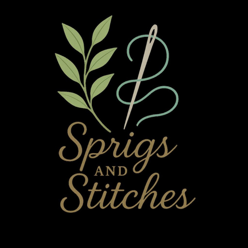 May include: A logo on a black background features the text "Sprigs AND Stitches" in a stylized, elegant font. Above the text is a design of a sprig with green leaves and a needle with teal thread.