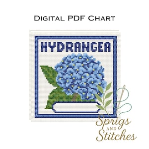 Op de afbeelding: Digitale PDF-kaart met een kruissteekontwerp van een blauwe hortensiabloem en groene bladeren. Het woord "HYDRANGEA" staat in blauwe blokletters. De afbeelding is omlijst met een blauwe rand en bevat de tekst "Sprigs and Stitches".