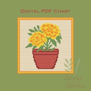 May include: Digital PDF chart featuring a cross-stitch design of yellow flowers in a red pot. The flowers have green leaves and are set against a cream background with a gold border. The text "DIGITAL PDF CHART" is at the top.