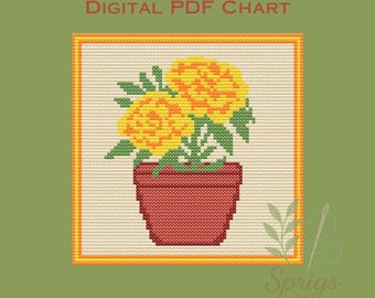 May include: Digital PDF chart featuring a cross-stitch design of yellow flowers in a red pot. The flowers have green leaves and are set against a cream background with a gold border. The text "DIGITAL PDF CHART" is at the top.