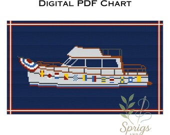Båt med nautiska flaggor | Nålsticknings- och korsstygnsdiagram | PDF digital nedladdning