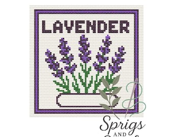 May include: A cross-stitch pattern featuring the word "LAVENDER" above a lavender plant illustration. The design is framed in purple, with the text "DIGITAL PDF CHART" at the top and the "Sprigs and Stitches" logo at the bottom.