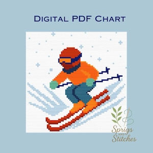 Puede incluir: Gráfico PDF digital que presenta un esquiador pixelado en naranja, azul y rojo, esquiando por una ladera nevada. El esquiador lleva casco y gafas. El texto "DIGITAL PDF CHART" está en la parte superior.