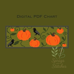 May include: Digital PDF chart featuring a cross-stitch design with orange pumpkins and black crows on a green background. The text "DIGITAL PDF CHART" is at the top, and the Sprigs and Stitches logo is at the bottom.