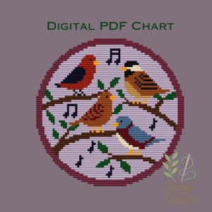 以下が含まれることがあります： デジタルPDFチャート。4羽のカラフルな鳥が音符の付いた枝に止まっているクロスステッチのデザイン。デザインは紫色の背景の円形フレーム内にあります。「DIGITAL PDF CHART」の文字が上部にあります。